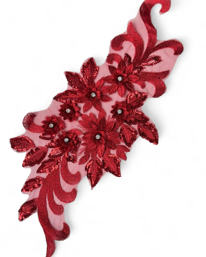 Aplicatie florala cu strasuri 35x15cm Rosu