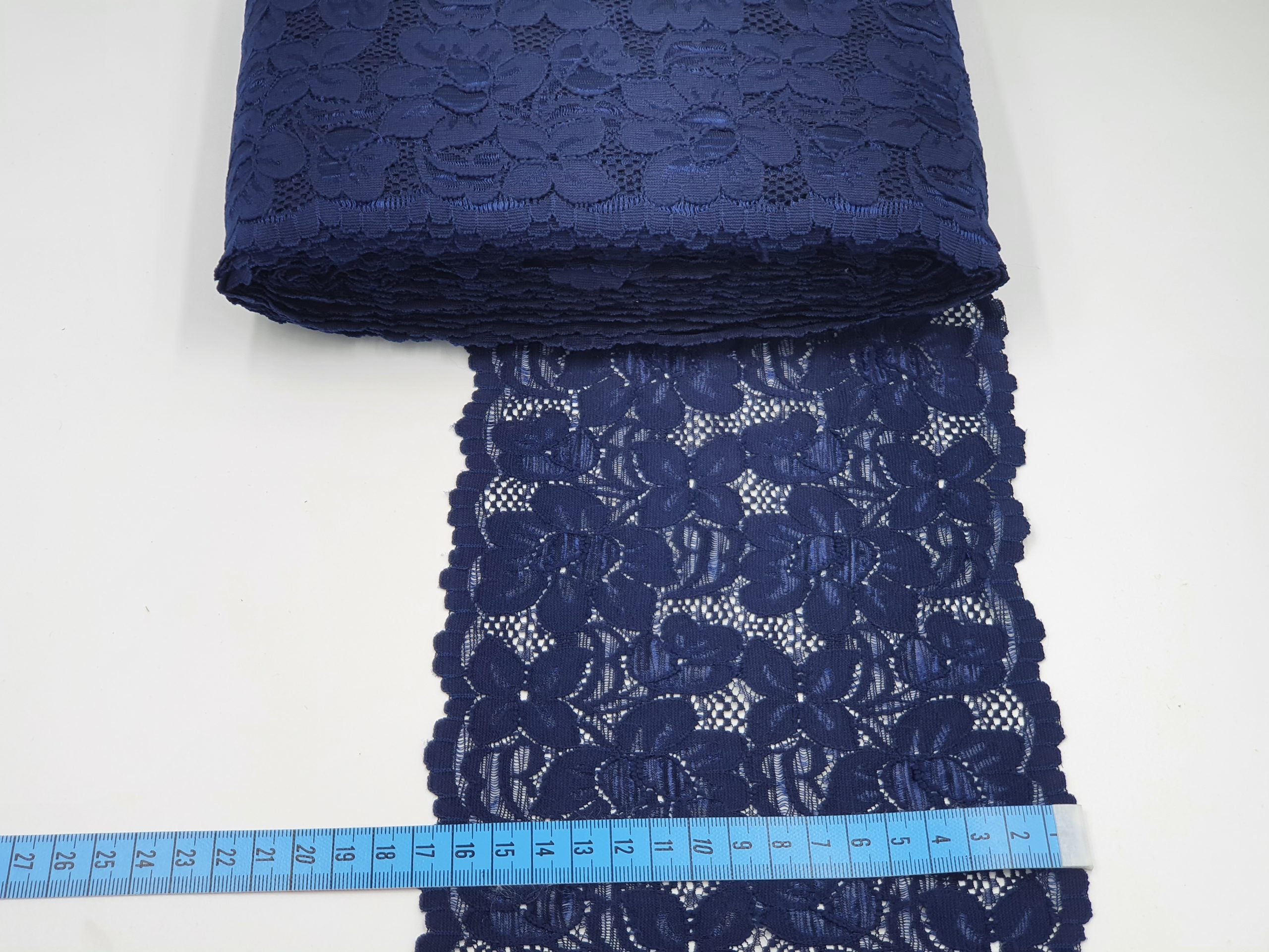 Dantelă elastică, 17cm, bleumarin