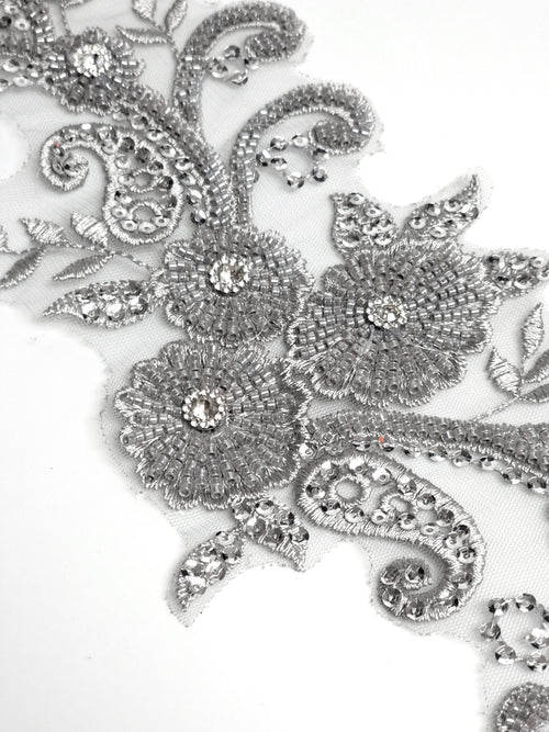 Aplicatie, model floral, 35x15cm, argintiu