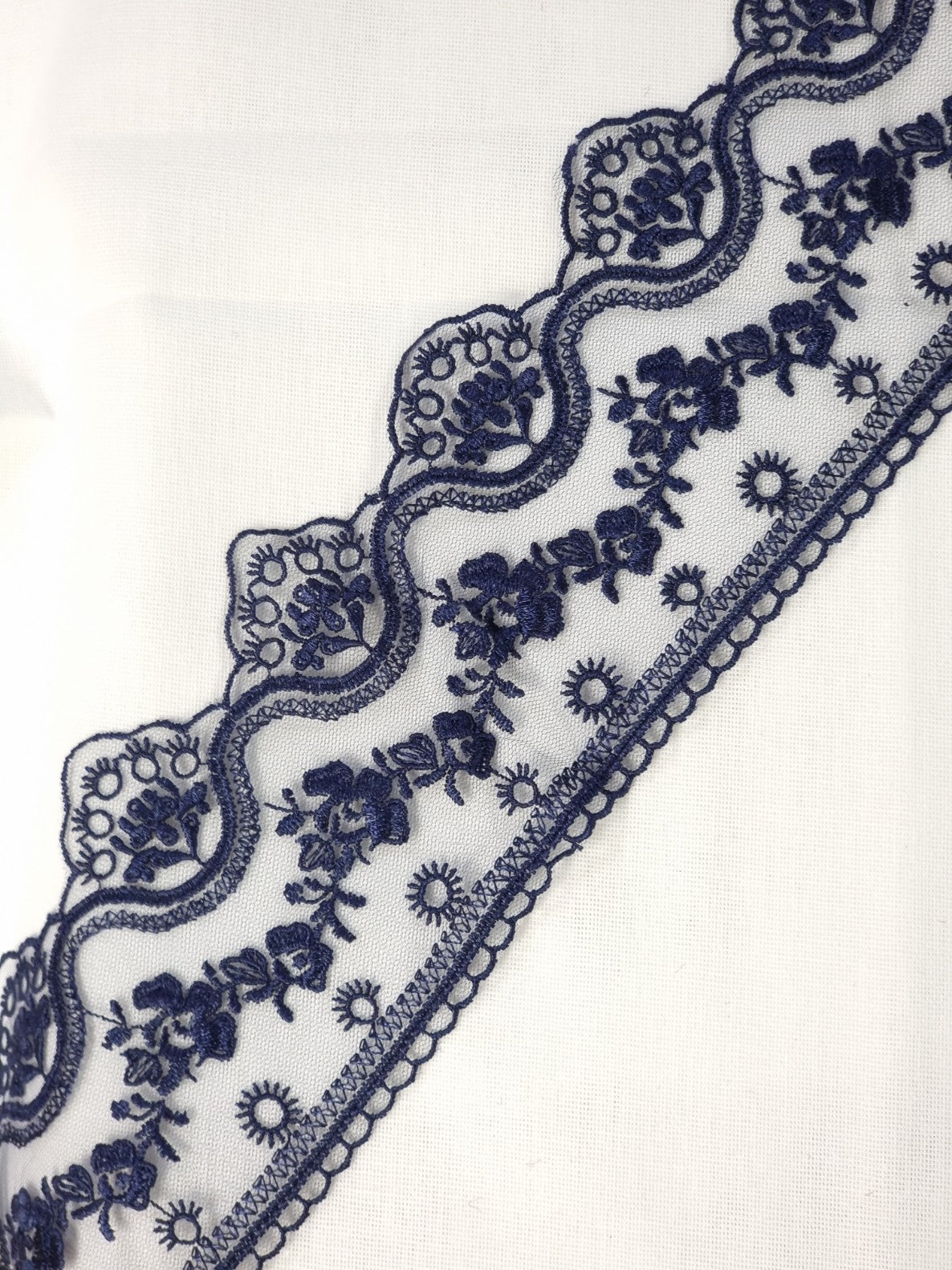 Dantela cu broderie pe fundal din tull, latime 6cm, Bleumarin