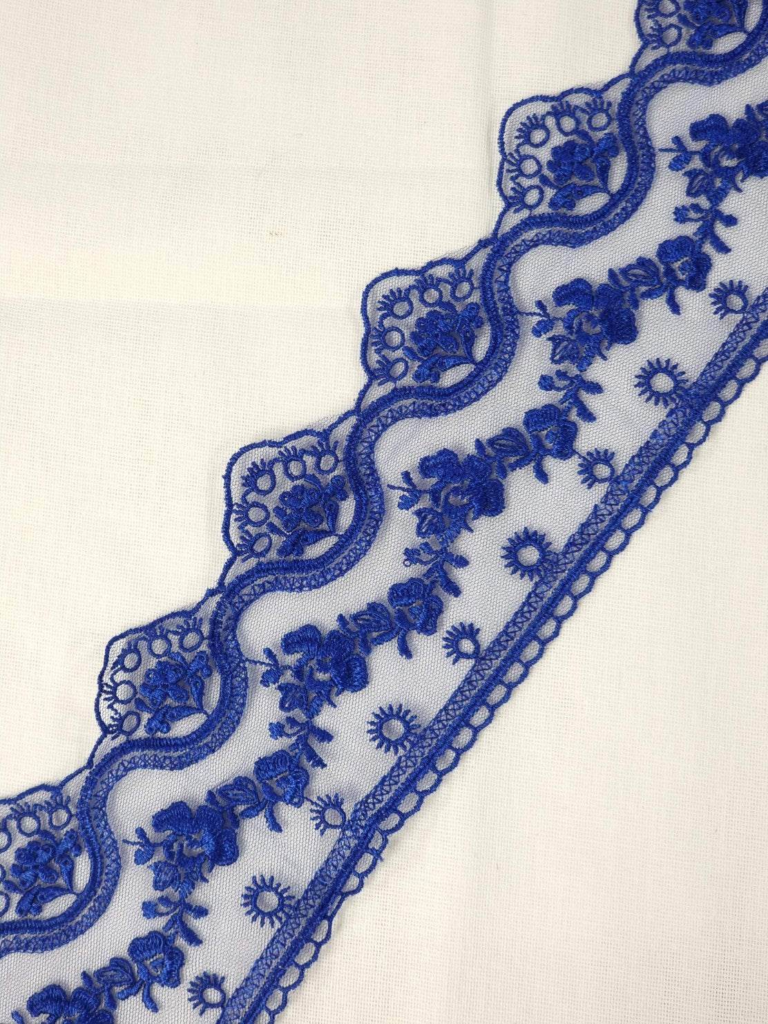 Dantela cu broderie pe fundal din tull, latime 6cm, Albastru