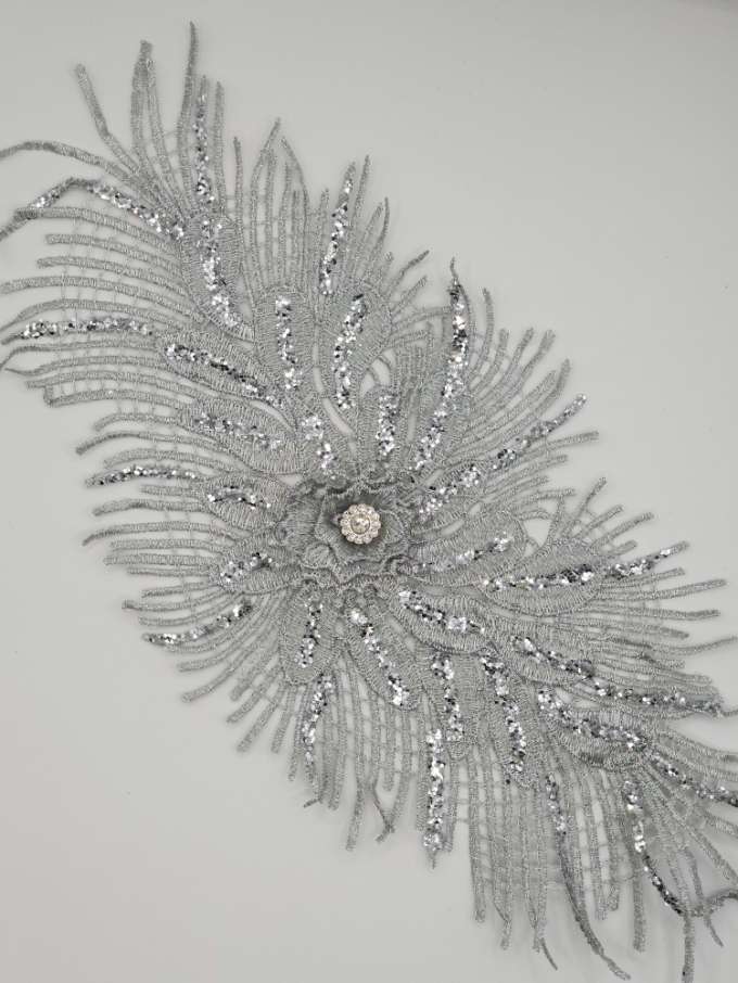 Aplicatie florala ovala, 30x15cm, argintiu