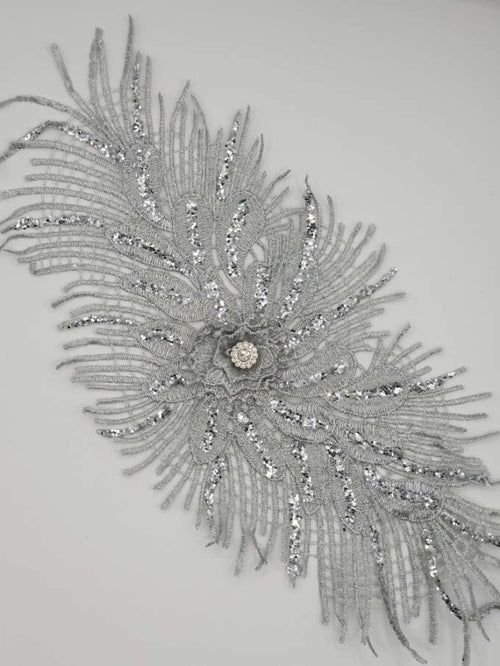 Aplicatie florala ovala, 30x15cm, argintiu