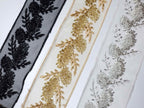 Pasmanterie pe tul, neagra, aurie sau argintie, latime 5cm, cu margele cusute
