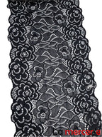 Dantela elastica, neagra, model floral, latime 17cm