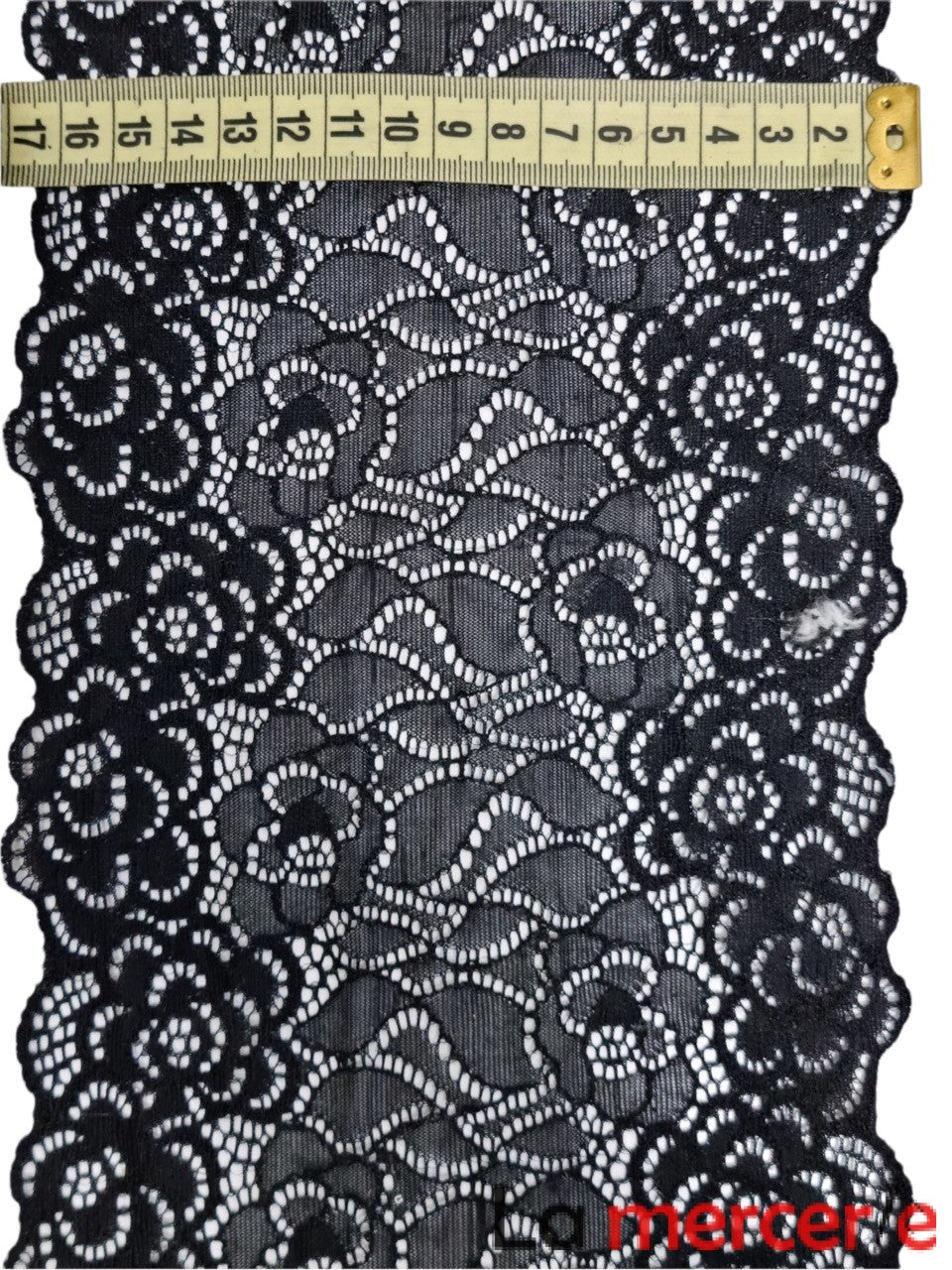 Dantela elastica, neagra, model floral, latime 17cm