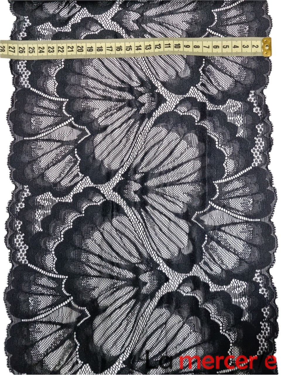 Dantela elastica, neagra, model floral, latime 27cm