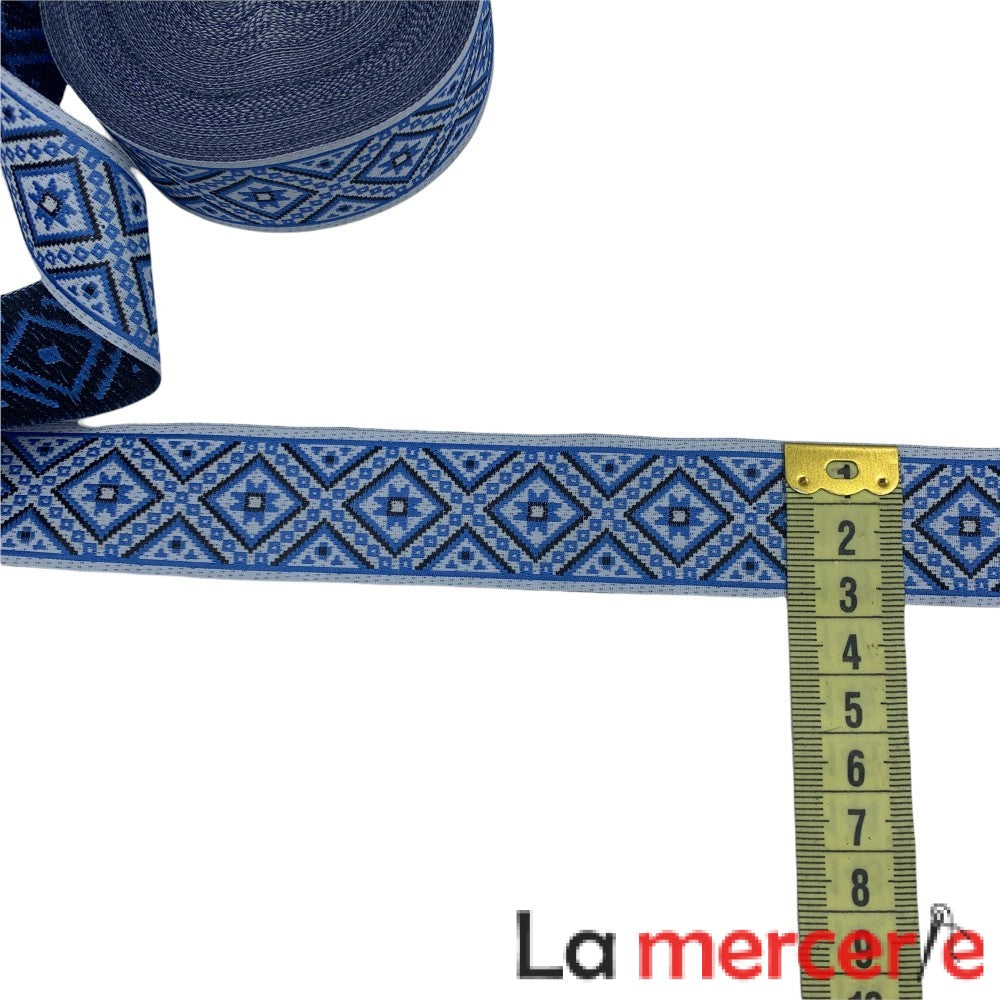 Galon decorativ pe nuante de albastru, 25mm, model traditional
