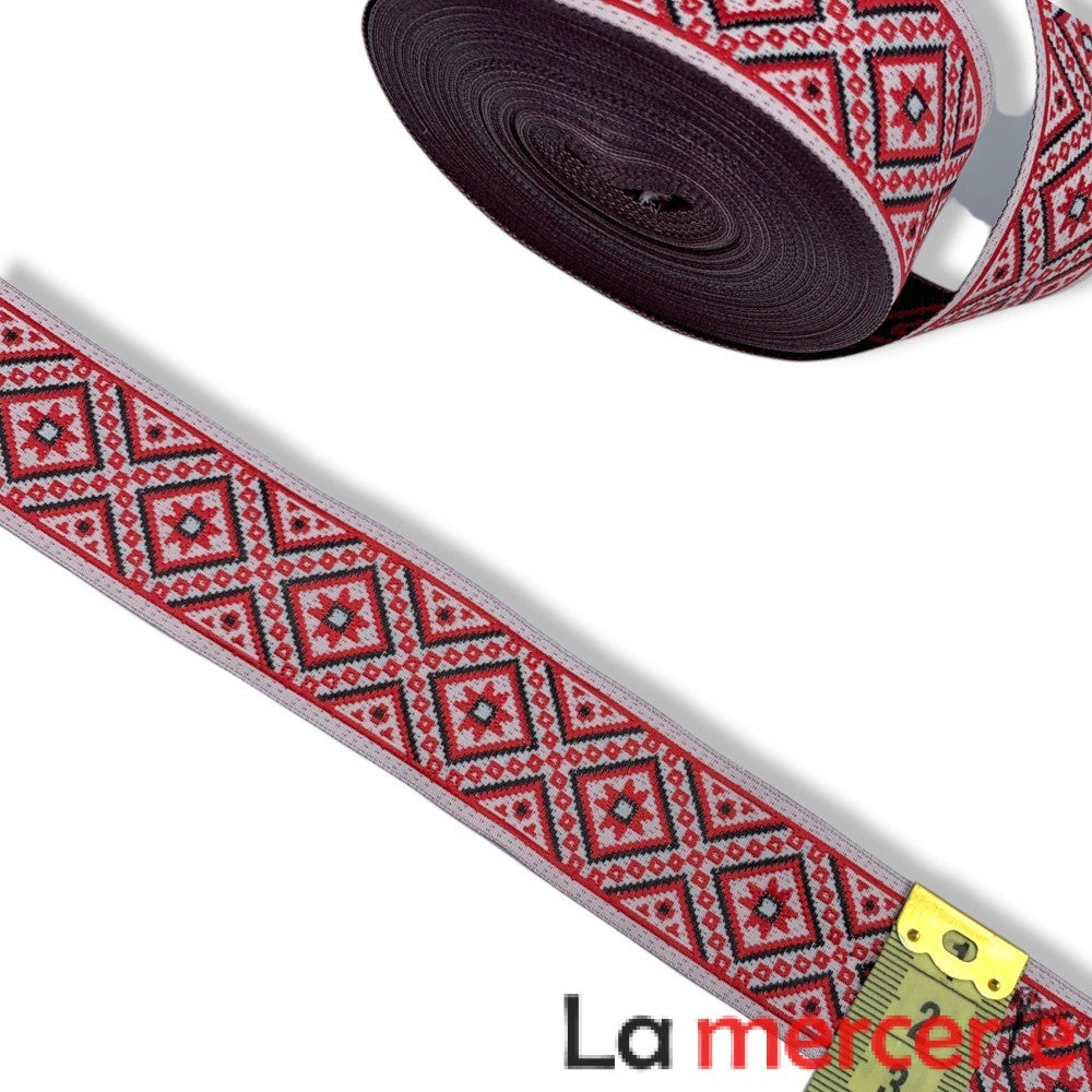 Galon decorativ pe nuante de rosu, 30mm, model traditional