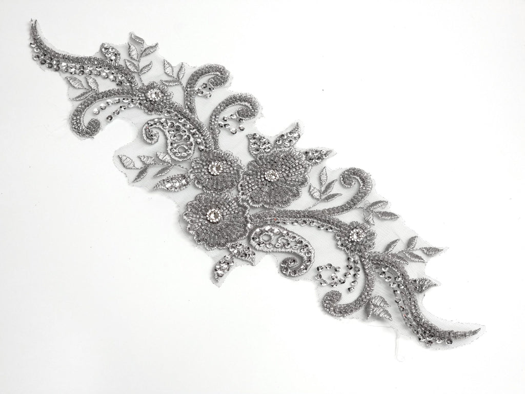 Aplicatie, model floral, 35x15cm, argintiu