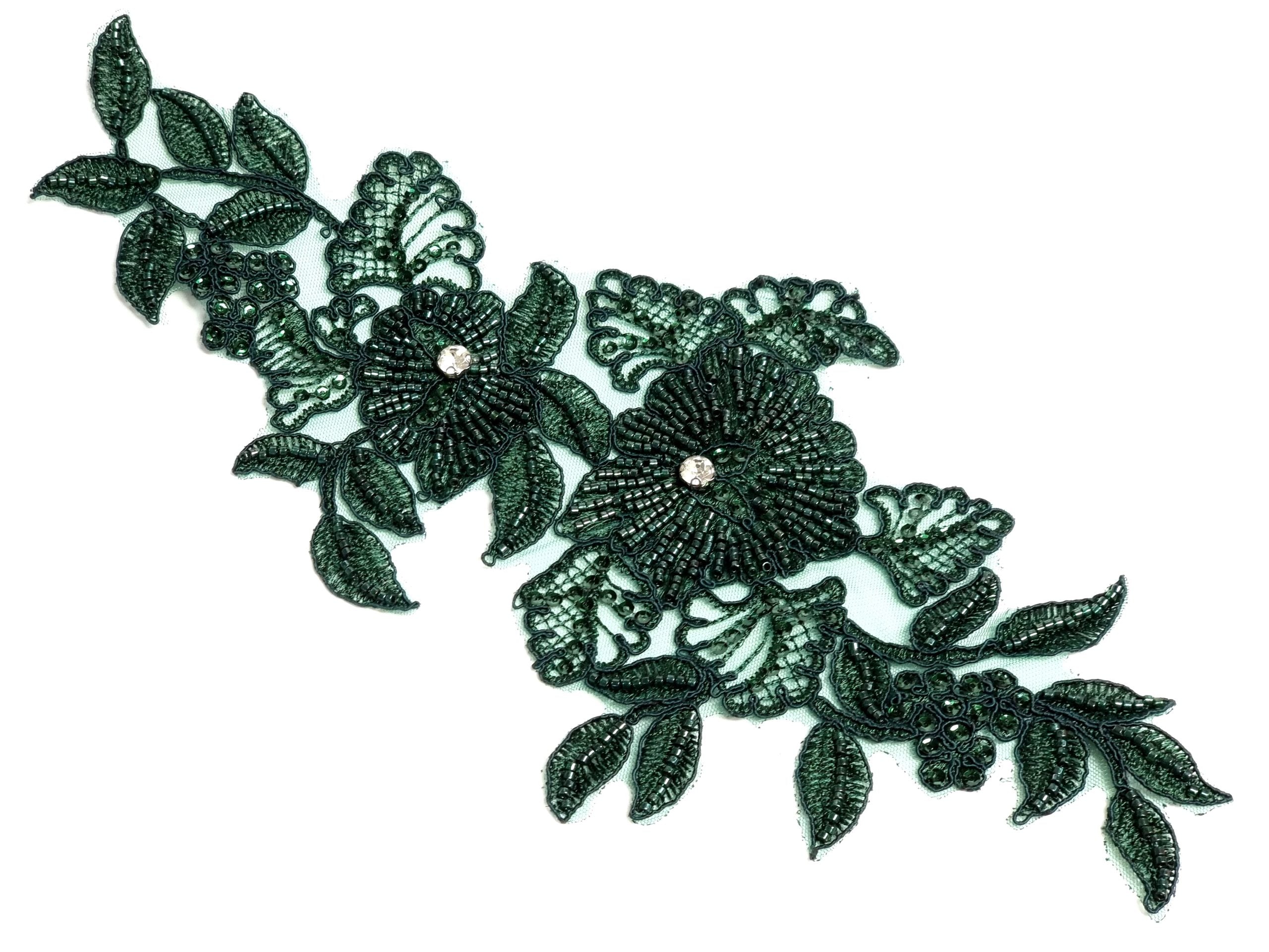 Aplicatie, model floral, 35x15cm, verde inchis