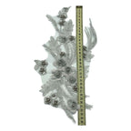 Aplicație vestimentara, argintie, model floral cu micropaiete și mărgele, 34 cm