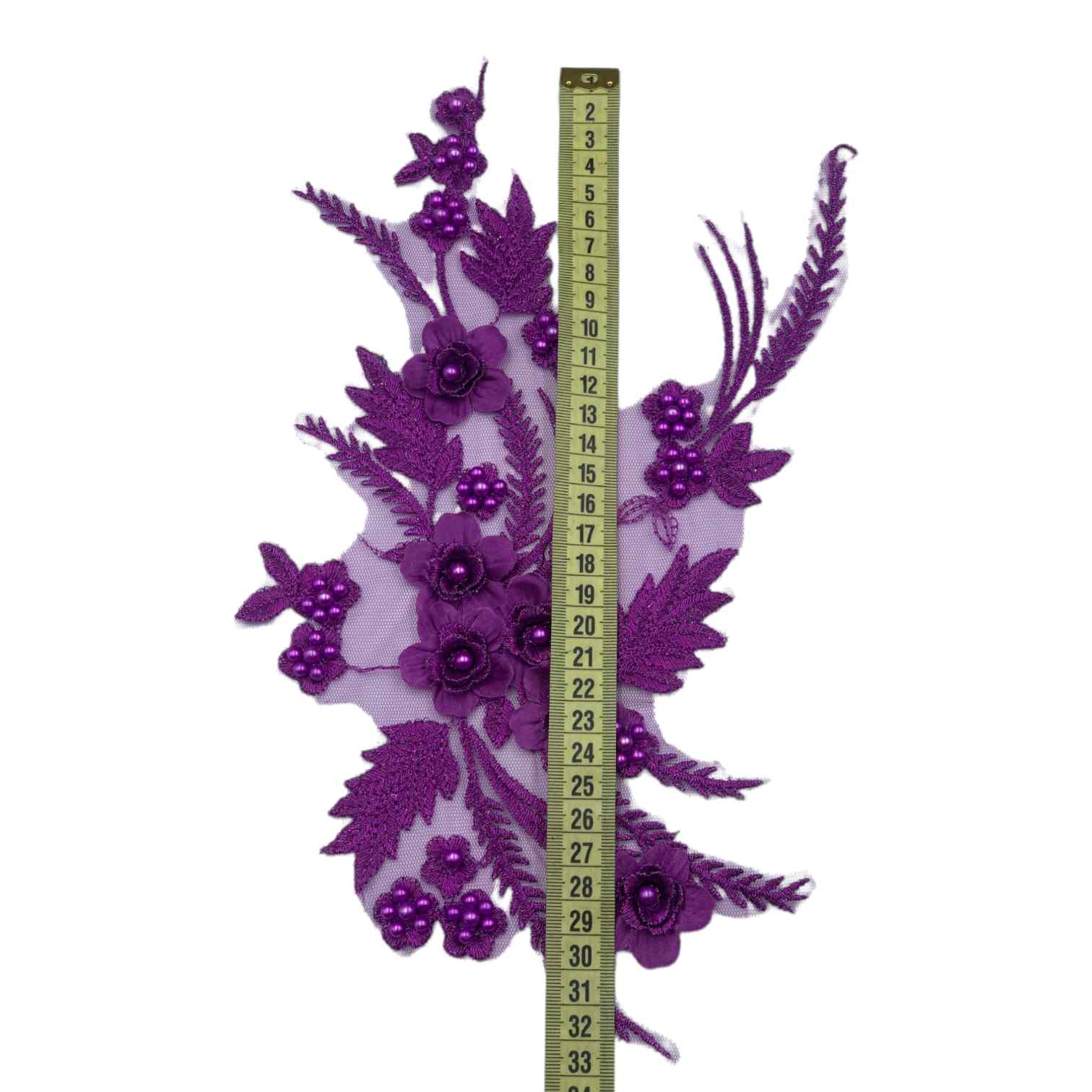 Aplicație vestimentara, mov, model floral cu micropaiete și mărgele, 34 cm
