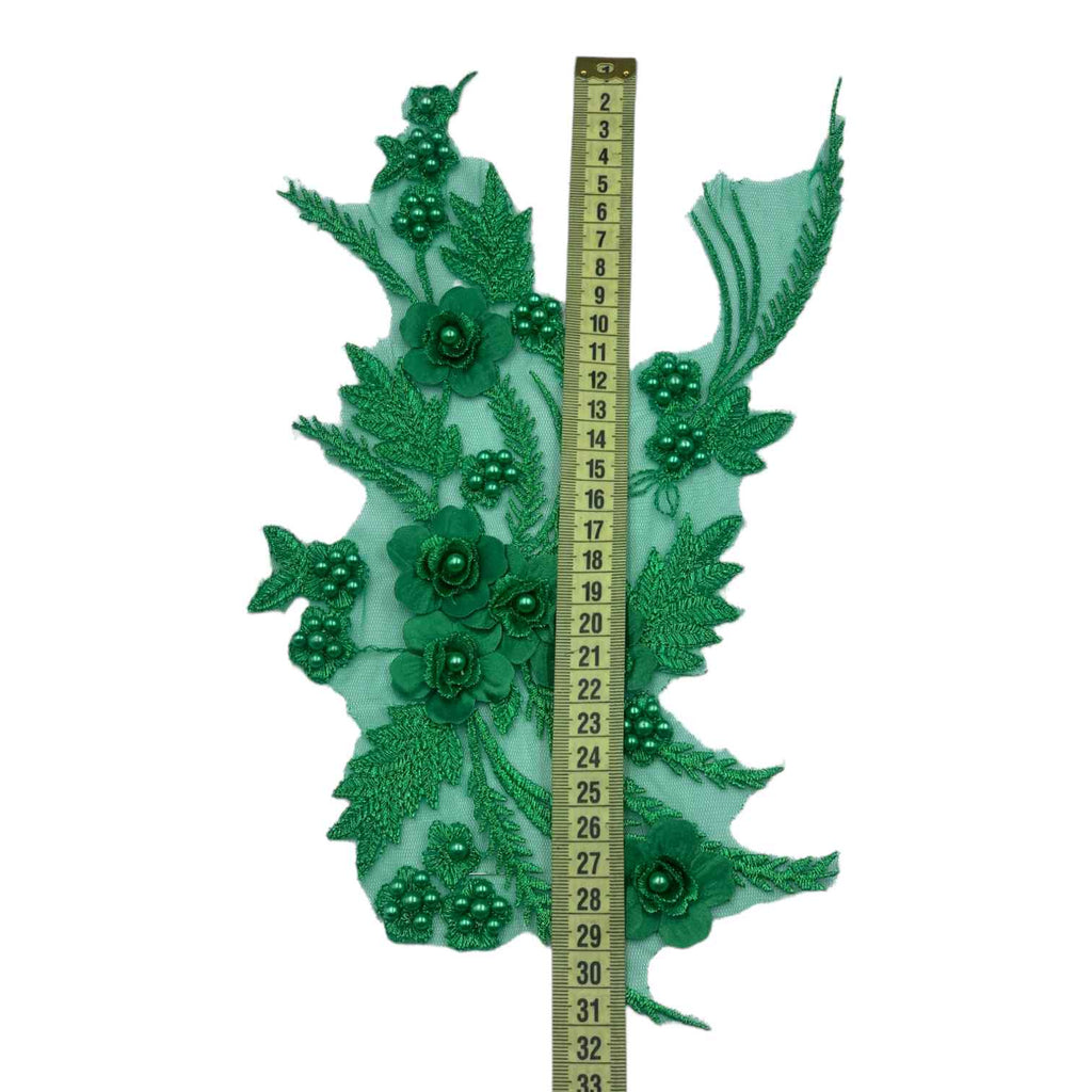 Aplicație vestimentara, verde, model floral cu  mărgele, 34 cm