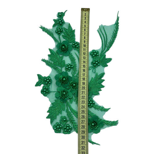 Aplicație vestimentara, verde, model floral cu  mărgele, 34 cm