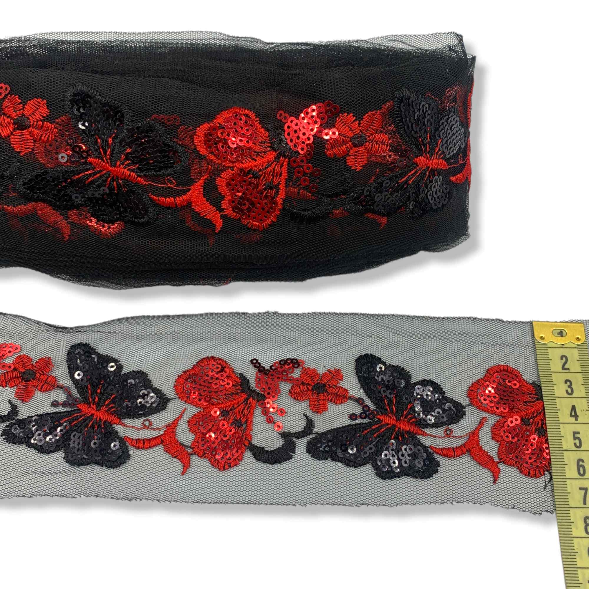 Dantela fixa pe tull, model cu fluturi din paiete, latime 7cm