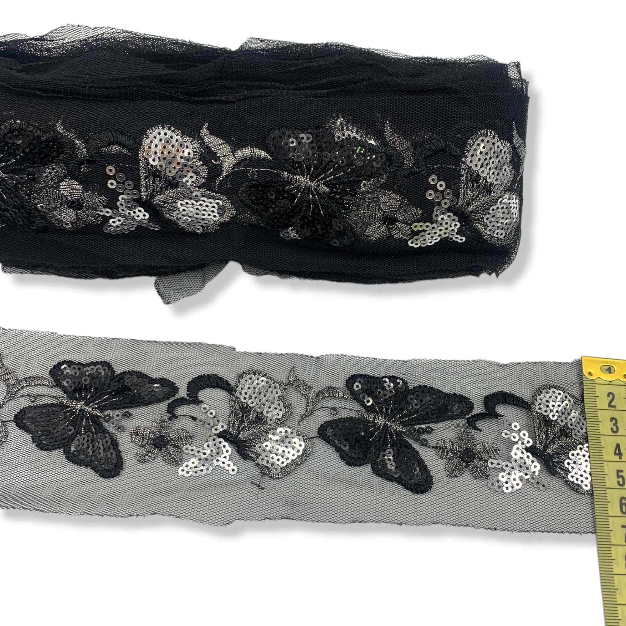 Dantela fixa pe tull, model cu fluturi din paiete, latime 7cm