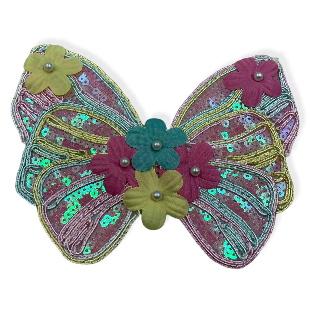 Aplicatie termo-adeziva, model fluture colorat cu paiete si floriceșe, lungime 14cm