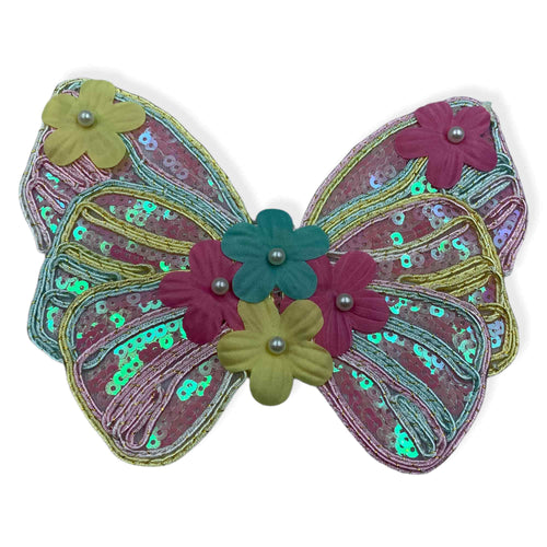 Aplicatie termo-adeziva, model fluture colorat cu paiete si floriceșe, lungime 14cm
