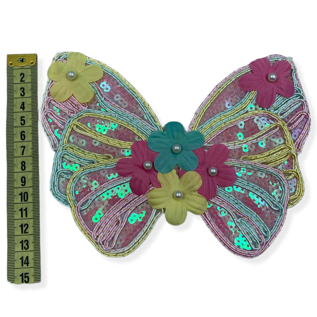 Aplicatie termo-adeziva, model fluture colorat cu paiete si floriceșe, lungime 14cm
