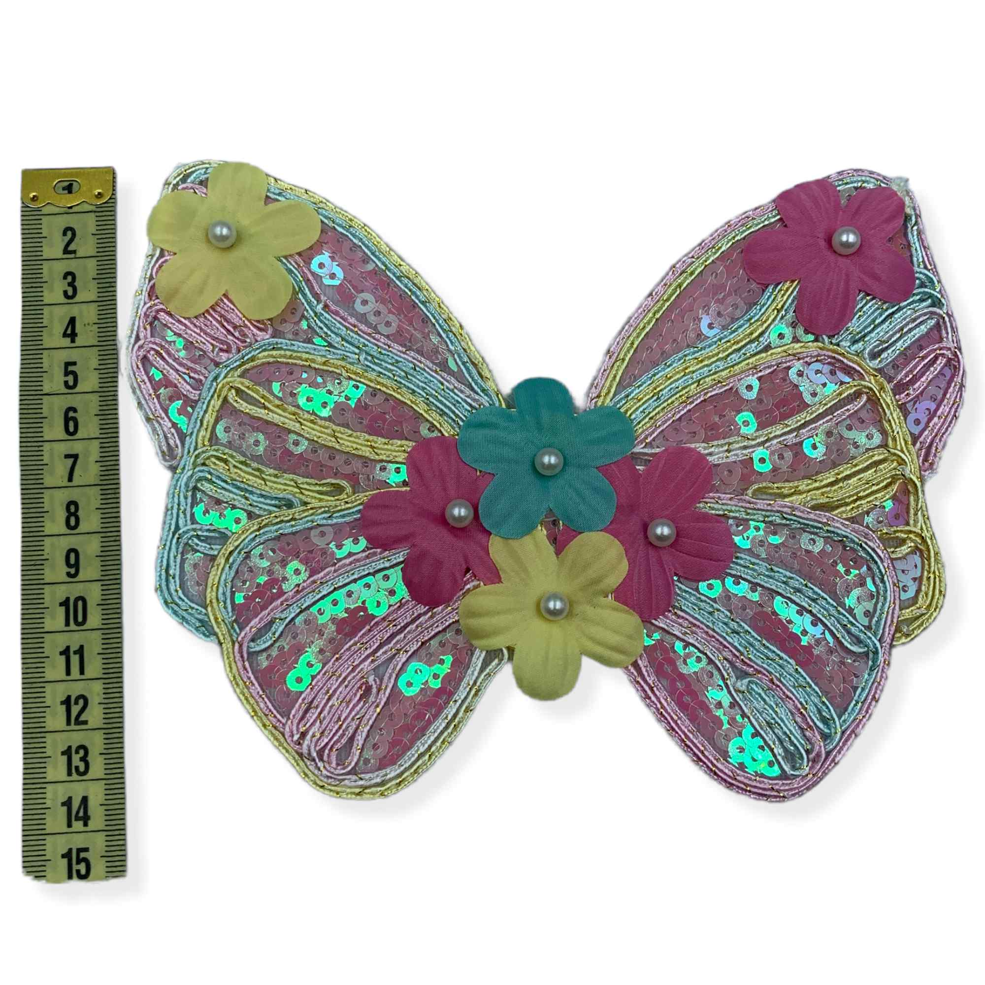 Aplicatie termo-adeziva, model fluture colorat cu paiete si floriceșe, lungime 14cm