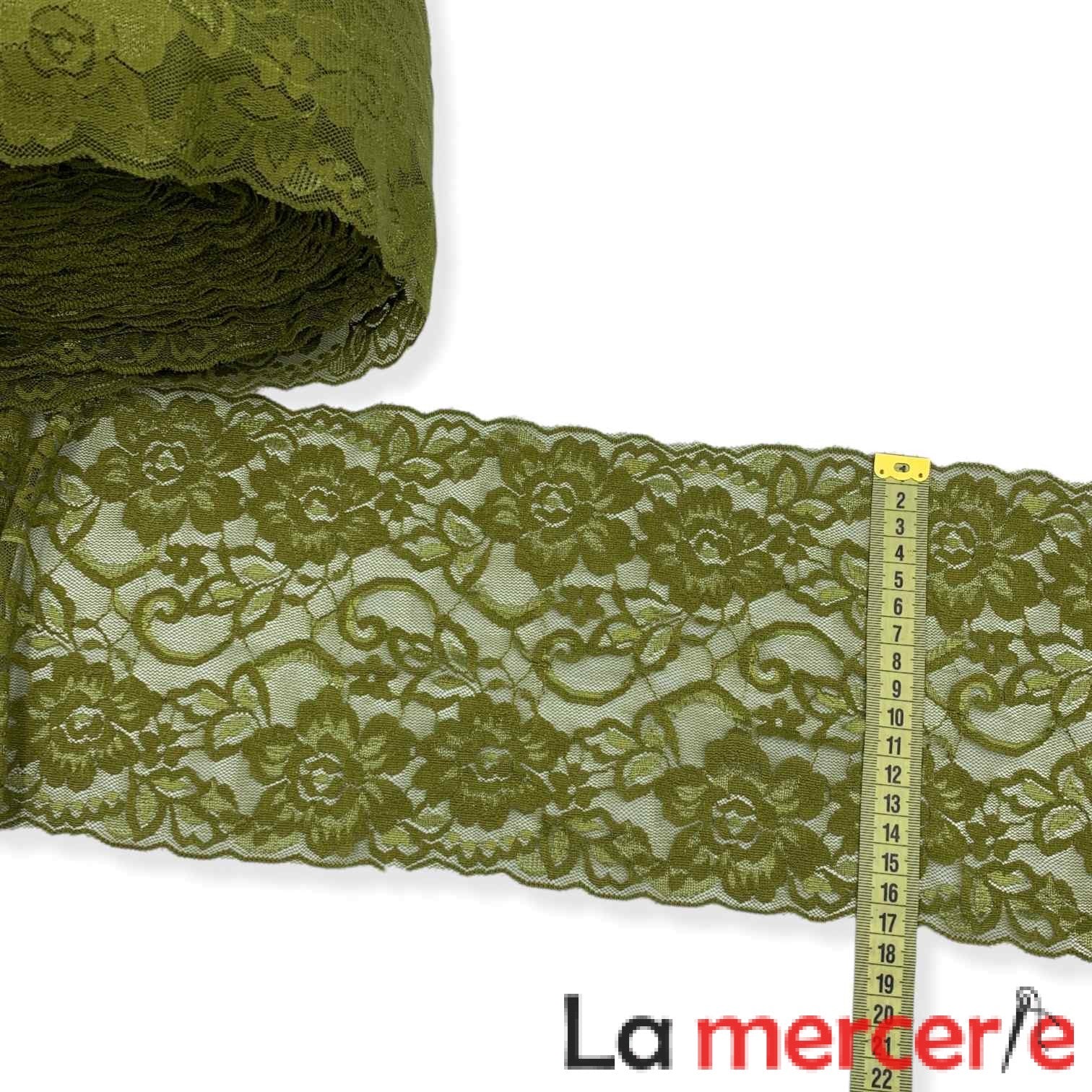 Dantela elastica, kaki, model floral, latime 17cm