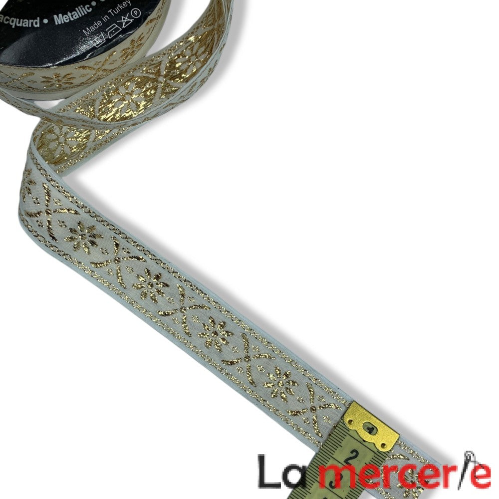 Galon decorativ alb-auriu, 25mm