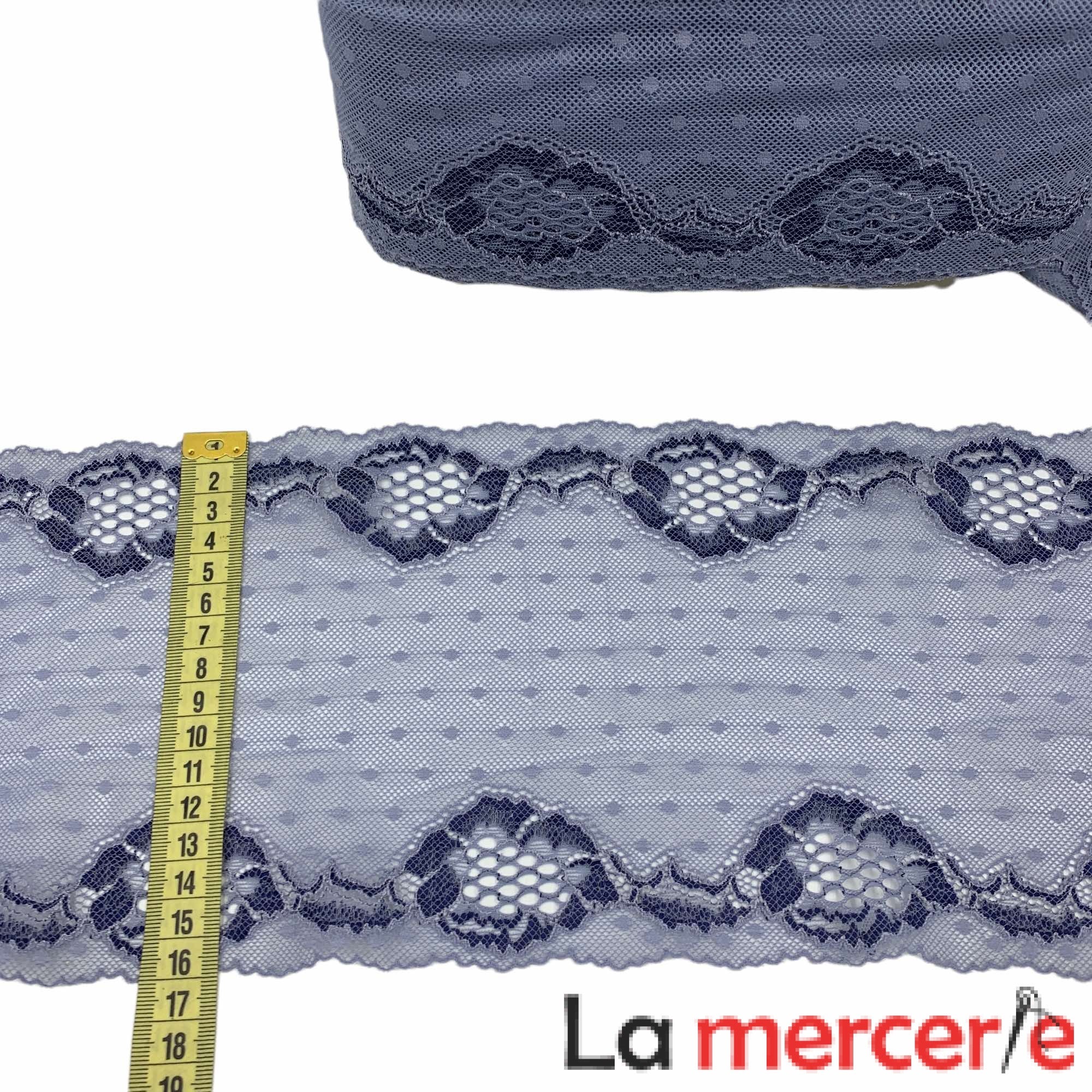 Dantela elastica, gri petrol pe tull, model floral, latime 16cm