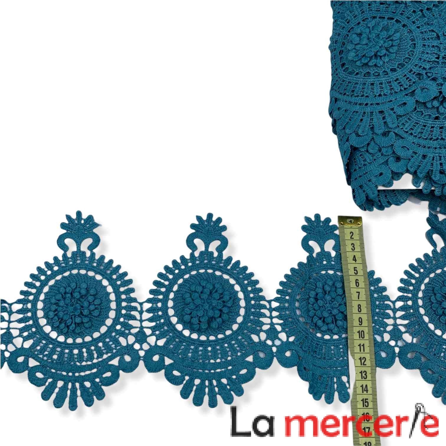 Dantela fixa, turcoaz, model floral, latime 14,5cm