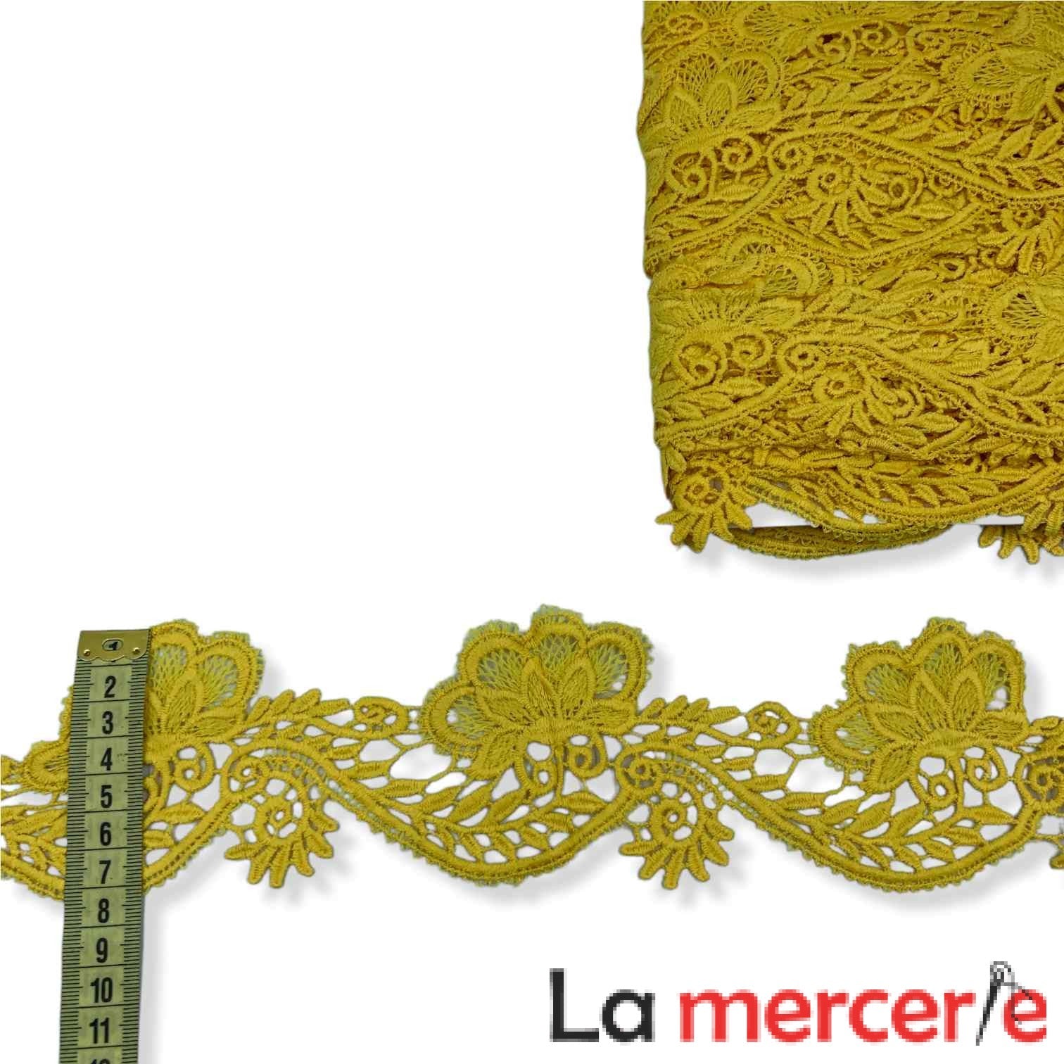 Dantela fixa, galben, model floral, latime 7,5cm