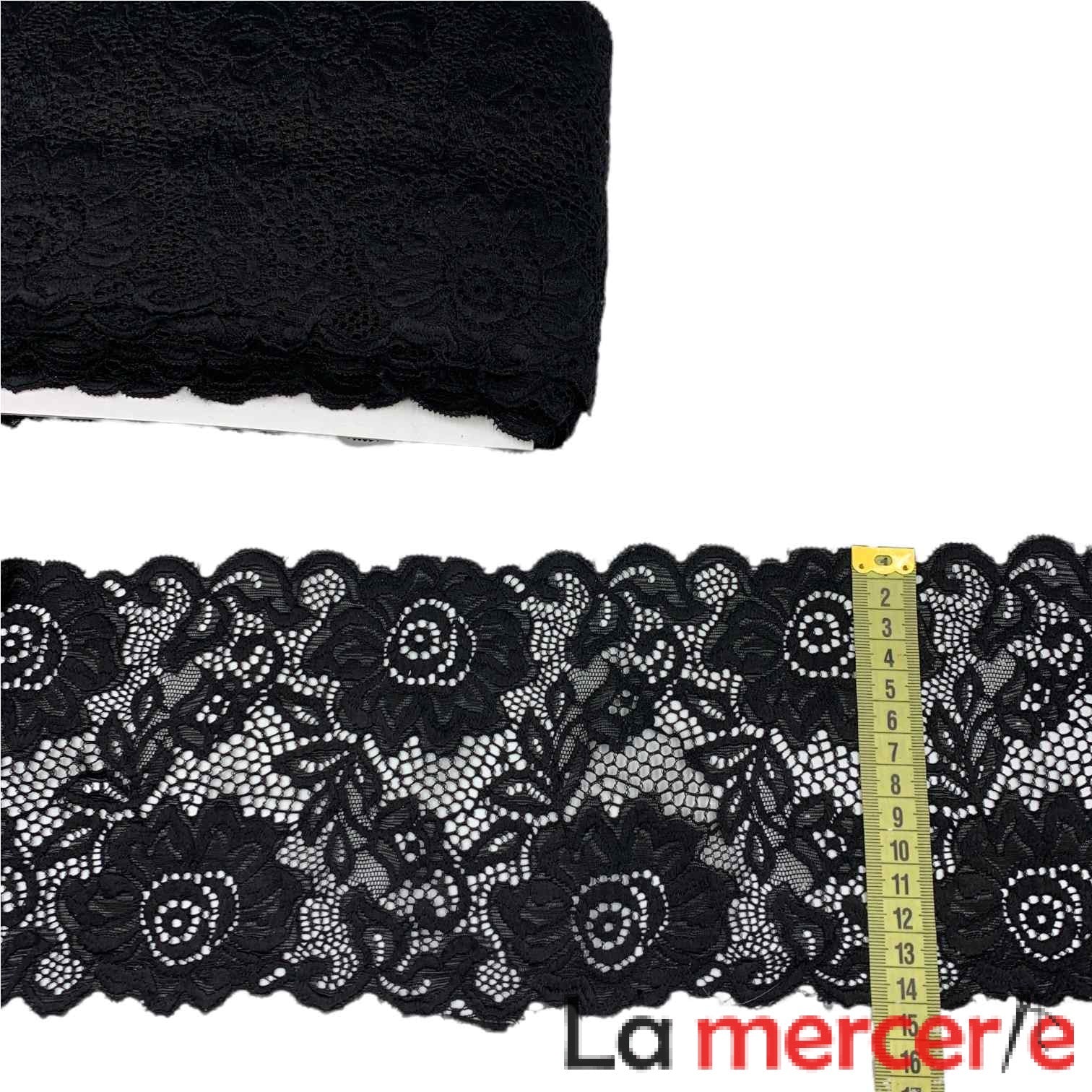 Dantela elastica, neagra, model floral, latime 14cm
