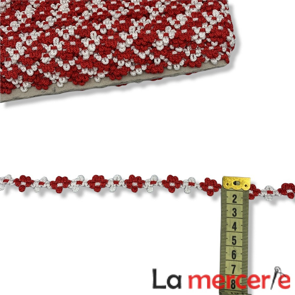 Galon decorativ, model floricele alb rosu, dimensiune 15mm