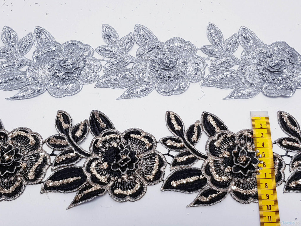 Dantela neagra si argintie model floral 3d si aplicatii micropaiete