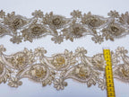 Dantela bej si aurie model floral 3d si frunze cu aplicatii micropaiete