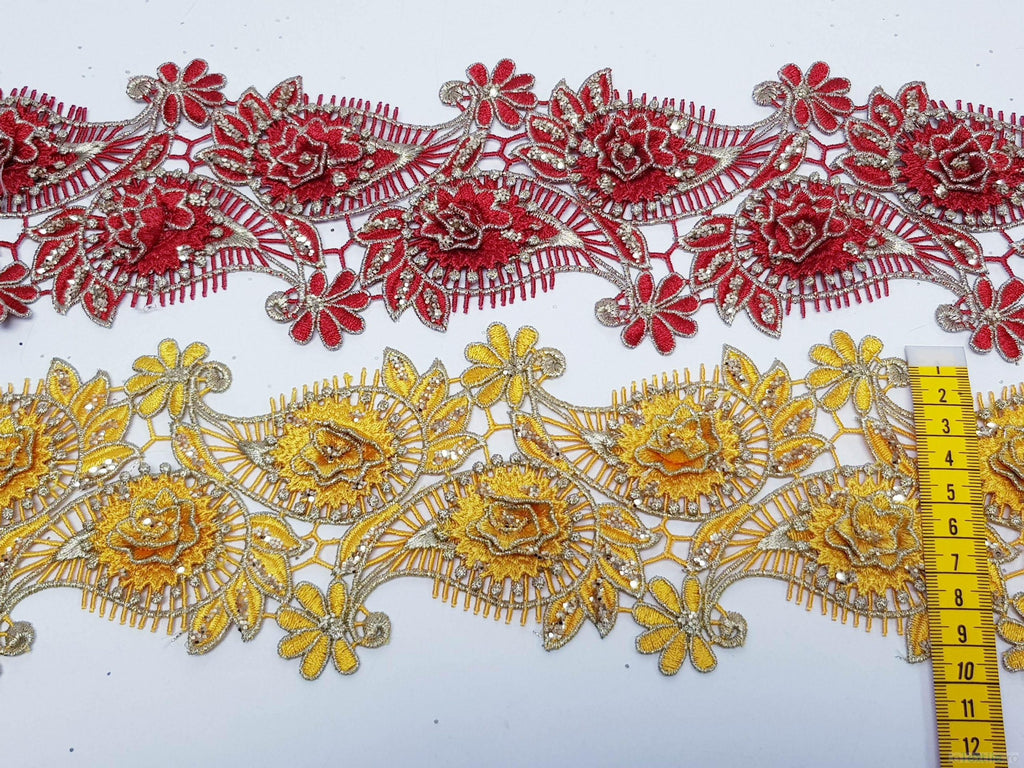Dantela galben si rosu model floral 3d si frunze cu aplicatii micropaiete