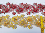Dantela galben si rosu model floral 3d si frunze cu aplicatii micropaiete