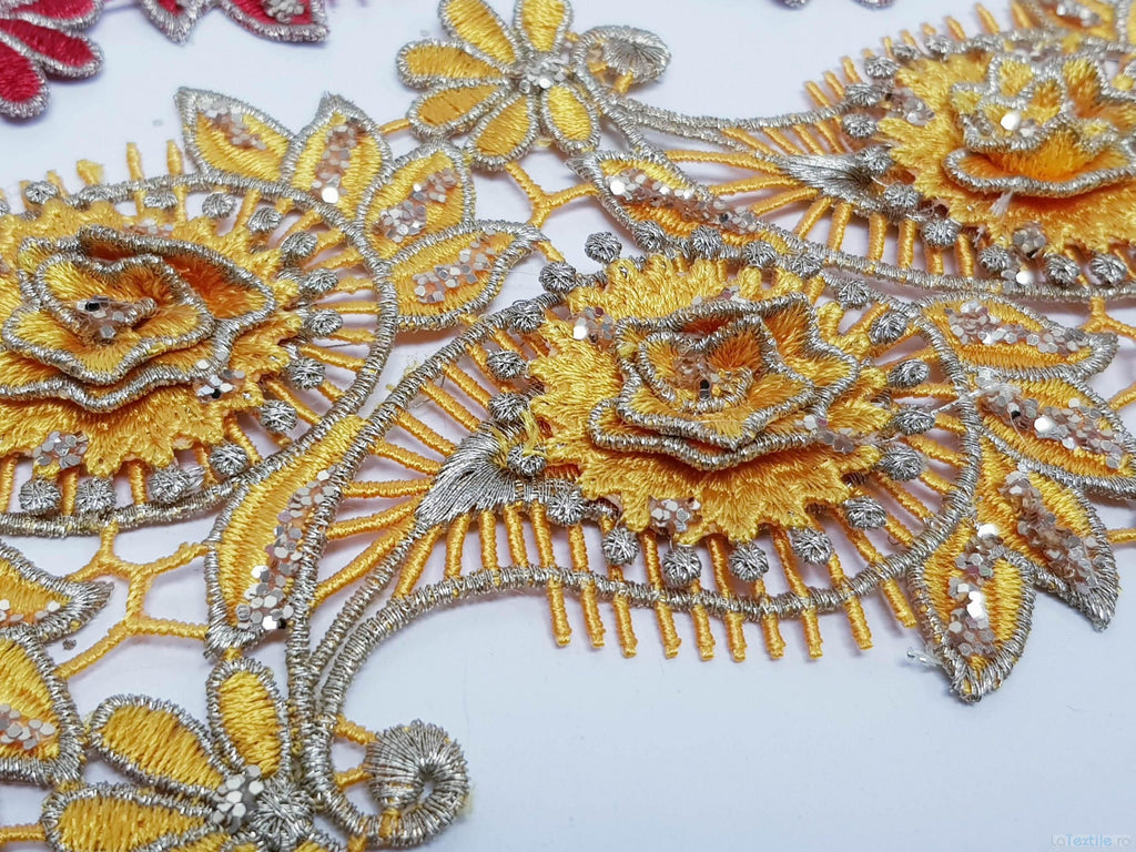 Dantela galben si rosu model floral 3d si frunze cu aplicatii micropaiete
