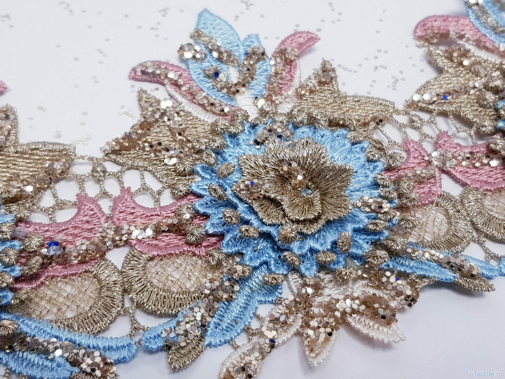 Dantela flori 3d multicolore cu aplicatii micropaiete