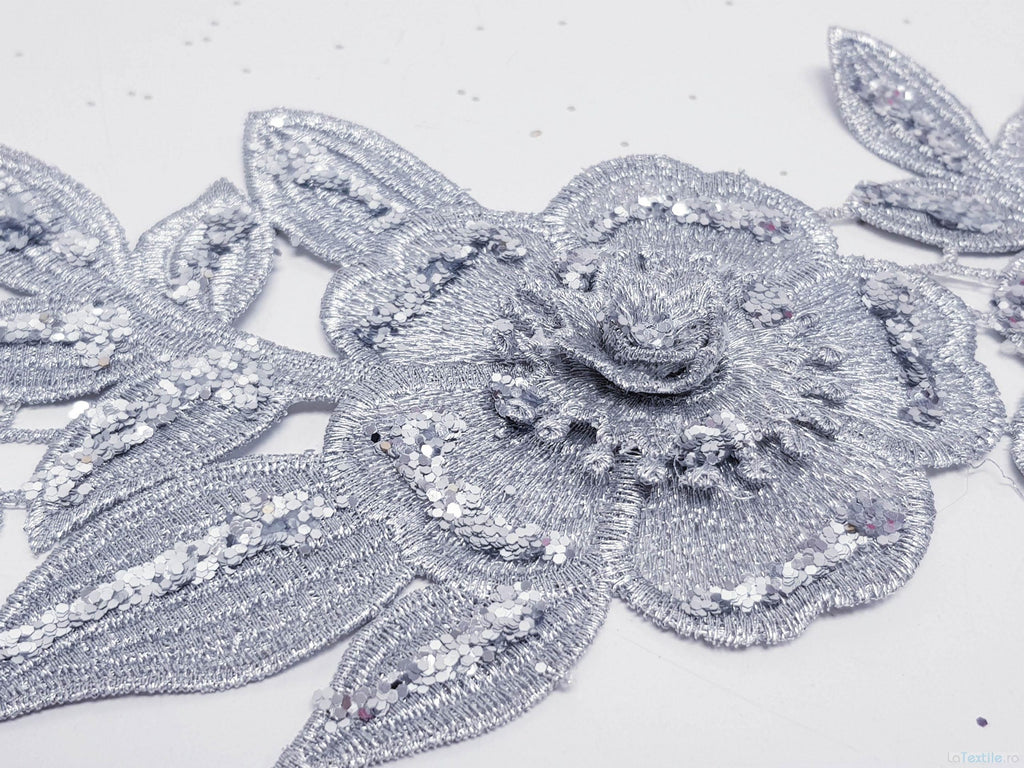 Dantela neagra si argintie model floral 3d si aplicatii micropaiete