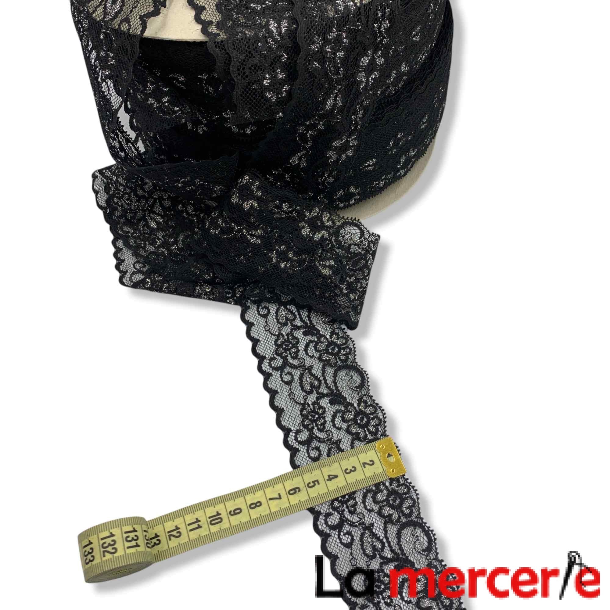 Dantela fixa, negru si argintiu model floral, latime 55mm