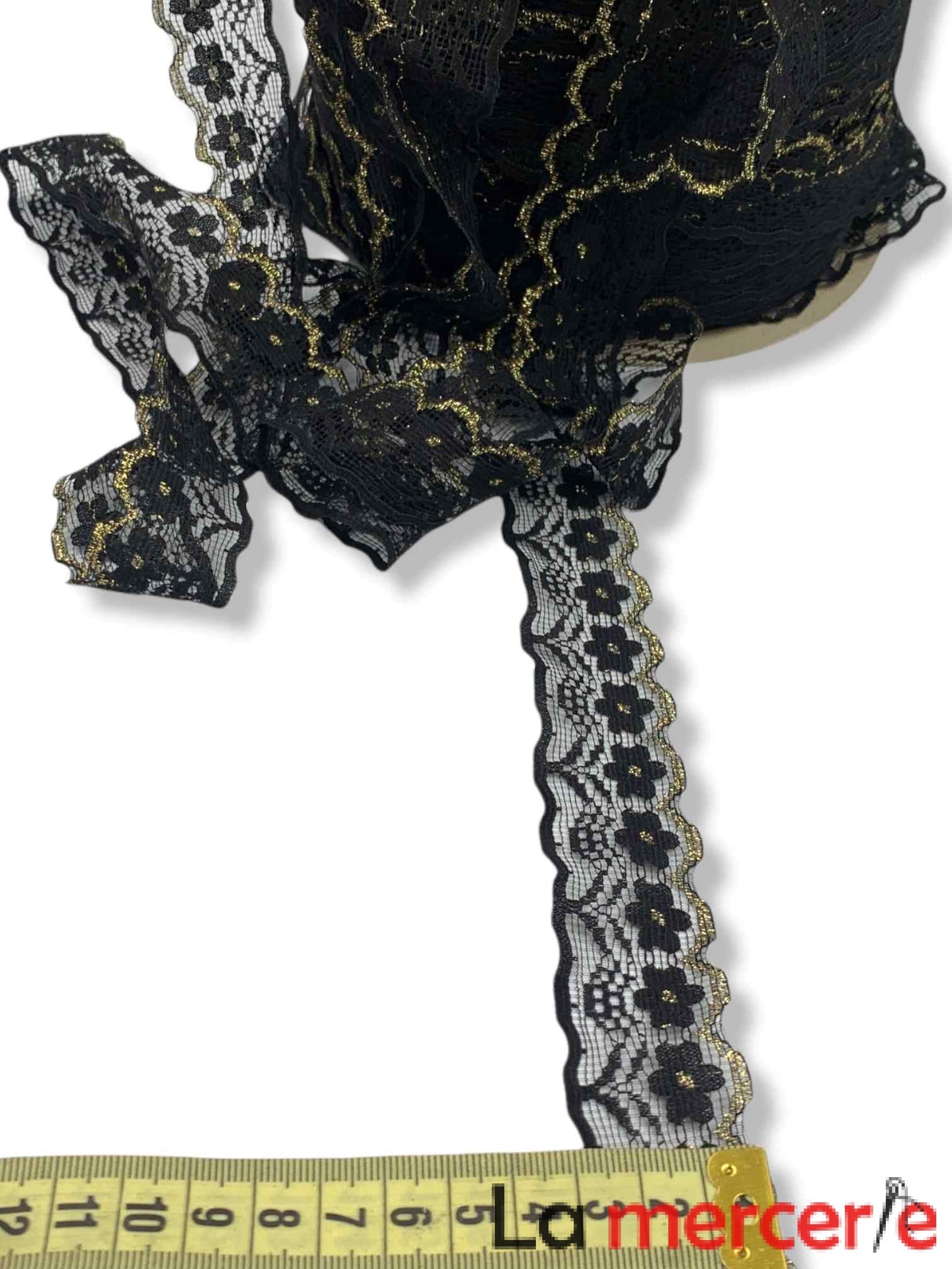 Dantela fixa, negru cu auriu, model floral, latime 30mm
