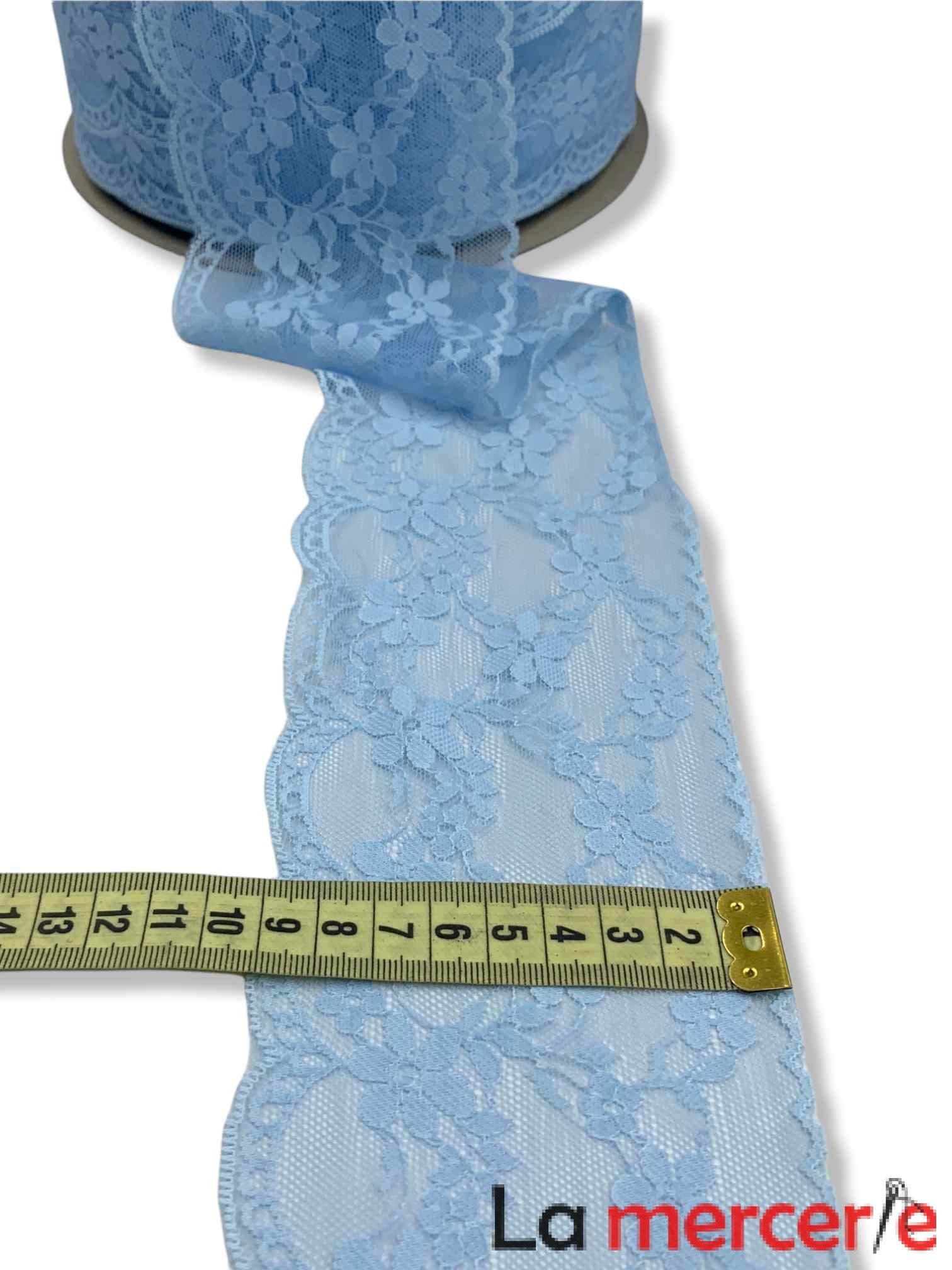 Dantela fixa pe tull, bleo, model floral, latime 90mm